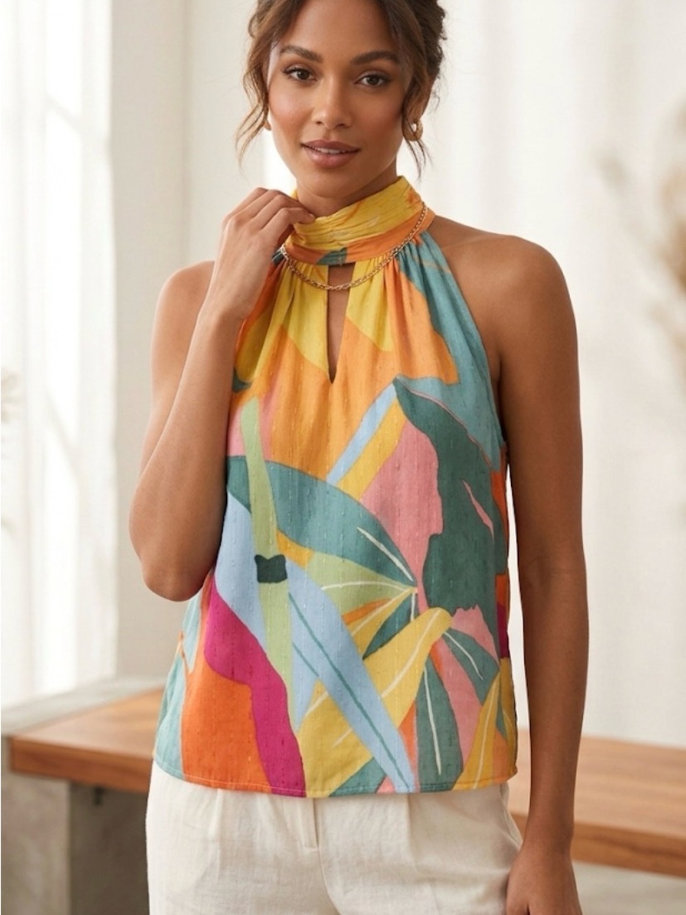 Christian Siriano Multicolor Halter Neck Tropical Print Camisole - Sz Large